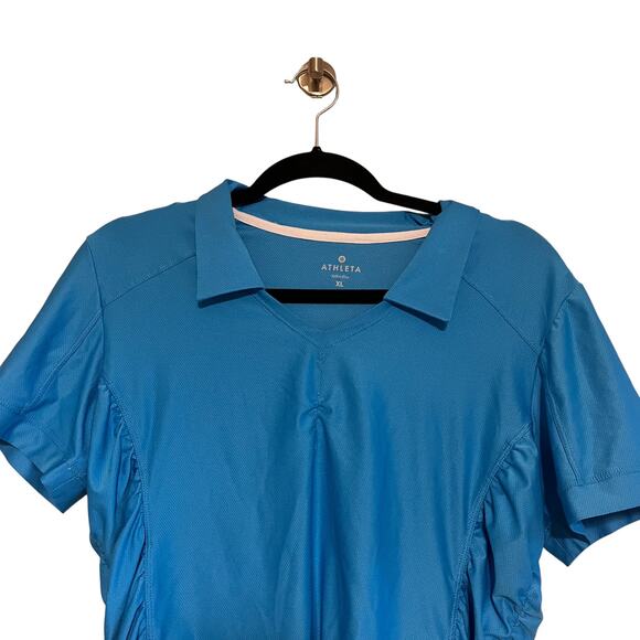 Athleta Birdie Ruched Short Sleeve Collared Golf Polo Shirt Blue Size XL - Picture 3 of 8